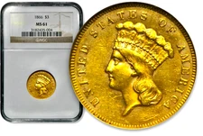 1866 $3 Three Dollar Gold Indian Princess - NGC MS 61  RARE  CC875