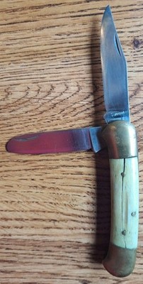 Vintage Pakistan 2 Blade Camel Bone Folding Pocket Knife W/ Brass Bolster 