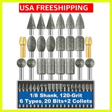 20Pcs 120-Grit Diamond Grinder Bit 1/8" Shank with 2 Collets Compatible with ...