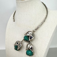 Artisan Sculptural Leaf Collar Necklace Organic Silver Tone Green Stone