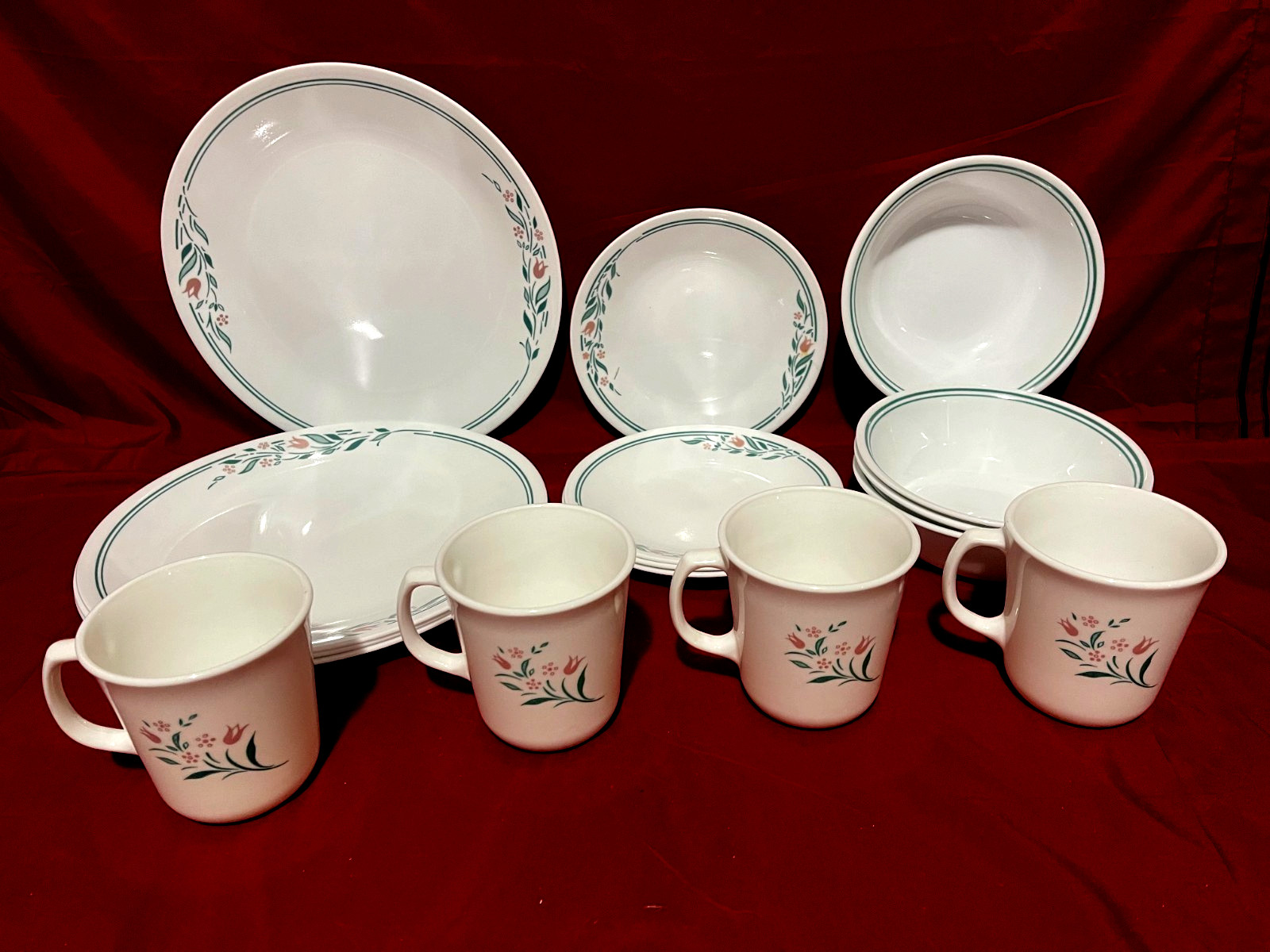 Corelle Rosemarie (16 Piece Set) Of 4 Each Dinner & Bread Plates & Bowls & Cups