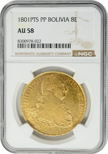 1801PTS PP Bolivia Gold 8 Escudos .7614 AGW AU58 NGC 950610-20