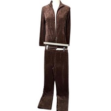 Vintage Y2K Brown Velour Tracksuit Matching Set Zip Jacket Flare Pants 2000s SM