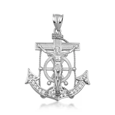 .925 Sterling Silver Studded Mariner Cross Crucifix Anchor Jesus Christ Pendant