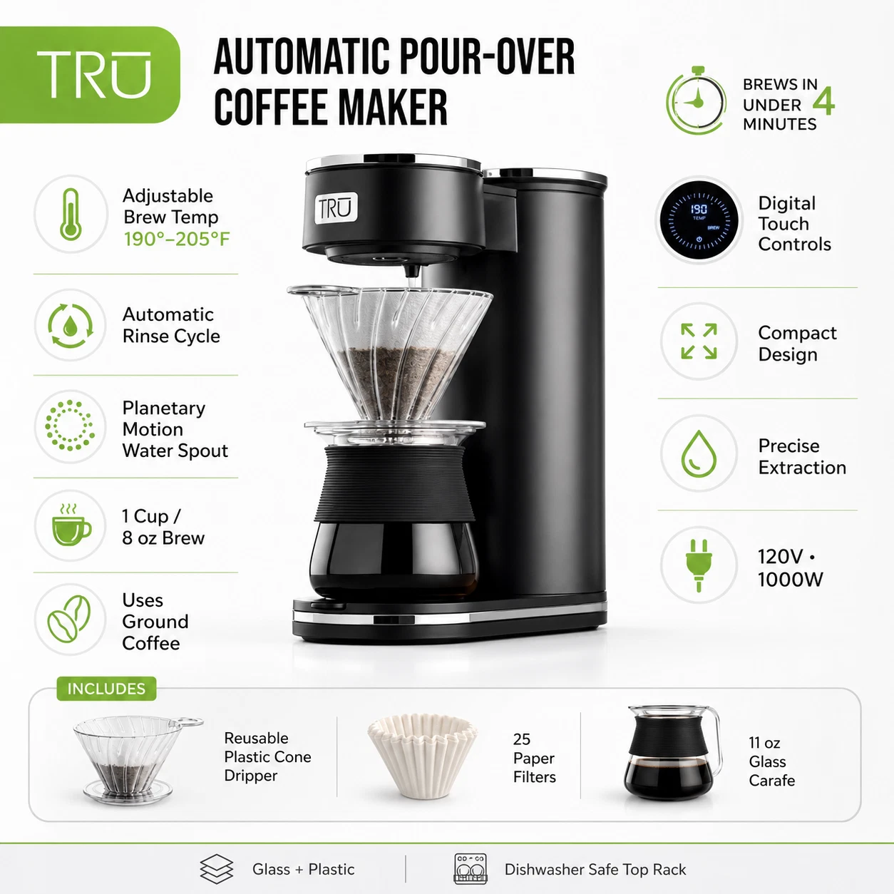 TRU Automatic Pour Over Coffee Maker Digital Control Glass Carafe 1000W 8oz