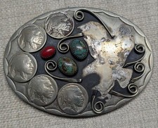 vintage HANDCRAFTED belt buckle INDIAN HEAD native american TURQUOISE nickel