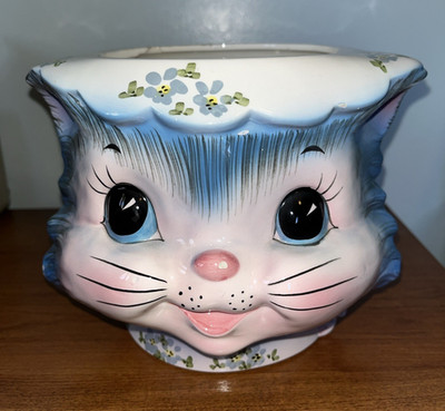 Vintage Lefton Miss Priss Blue Kitty Cat Cookie Jar/Planter No Lid 1502 AS IS