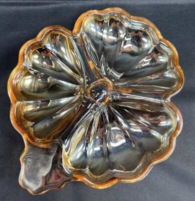 Divided Dish Plate Tray Glass Iridescent Amber Clover Leaf Candy Trinket MCM VTG