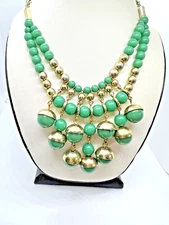 Green And Gold Beaded Bib 17” Statement Large Necklace Women 2” Extender