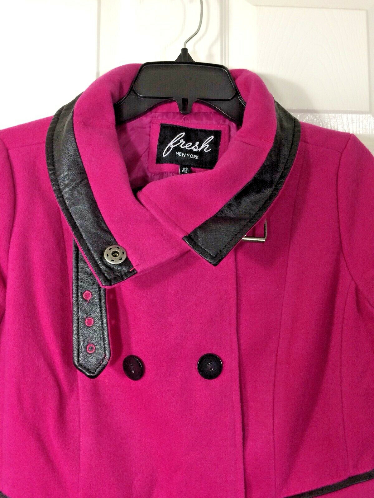 NWT Women's Hot Pink Wool Coat with Leather Details and Pockets XS eBay