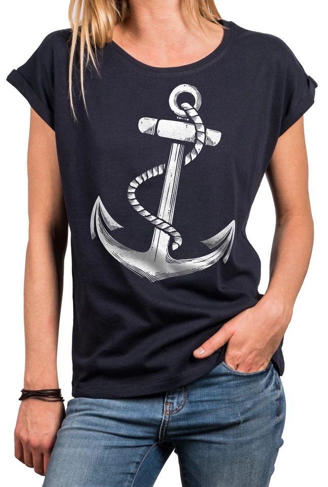 Damen Shirt mit Ankermotiv Frauen Oberteil Baumwolle Kurzarm Top Sommer Tunika - Bild 1 von 1