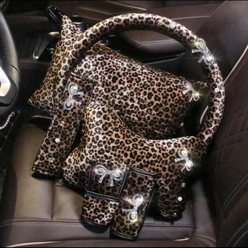 Universal Leopard Plush Car Seat Mat Steering Wheel Cover Car Accessories Decor