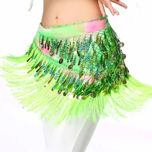 Women's BellyDance Accessories Lace Tassel Tie Dye Triangle Strap Coin Hip Scarf - Picture 10 of 29