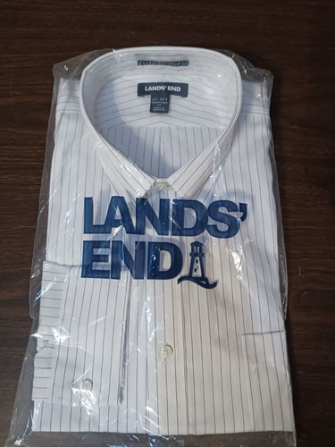 Mens Dress Shirt White with Blue Stripe Long Sleeve 17-37T NWT Sealed Lands End