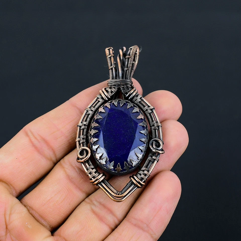 Zafiro azul hecho a mano piedras preciosas alambre de cobre envoltura boda colgante joyería Foto 4 de 4