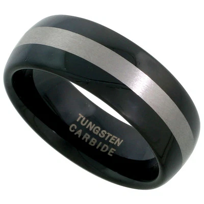 8mm Schwarzer Wolfram Trauring Ring, Breiter Geätzter Streifen, Bequemer Sitz - Bild 1 von 2