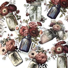 Dark Pink Peonies Mason Jar Stickers Collage Junk Journal Scrapbooking Cards