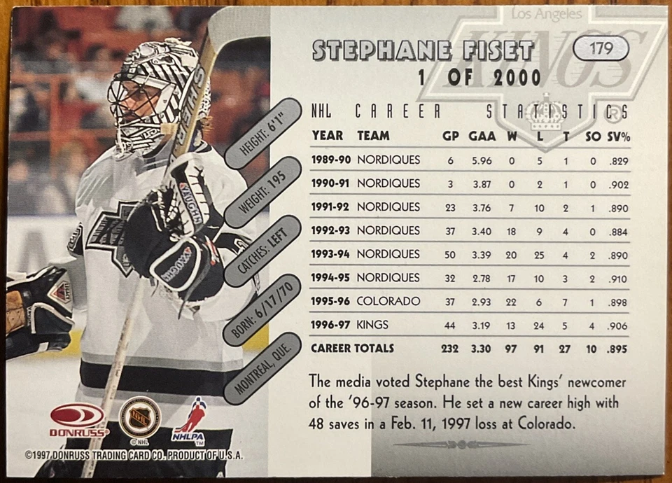 1997-98 Donruss Press Proofs Silver Stephane Fiset #179 #’d /2000 - Image 2 of 3