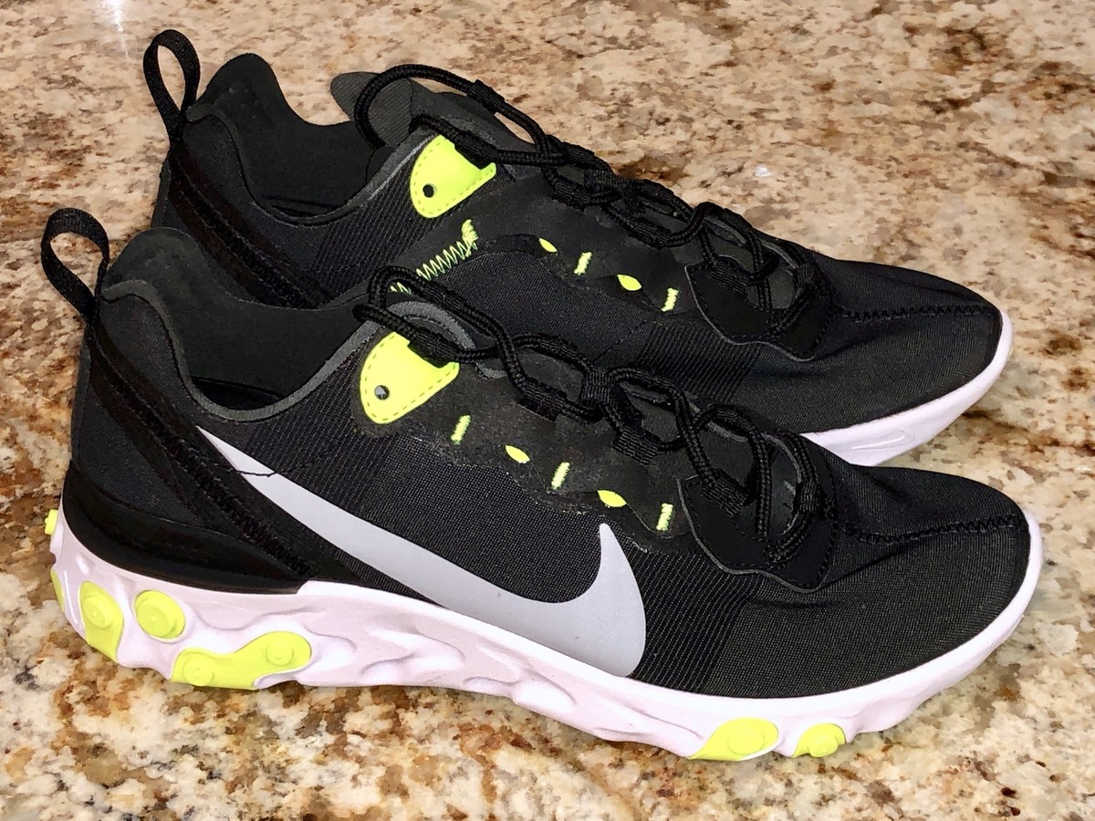 NIKE React Element 55 Black Volt Grey White Running Training Shoes