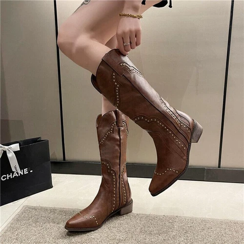 Womens Ladies Cowboy Western Studded Mid Calf Pointed Toe Block Heel Boots Size - Picture 7 of 20