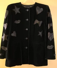 ESCADA VINTAGE VELVET BLAZER IN BLACK BEADED BOW HEART EMBELLISHMENTS 38 M
