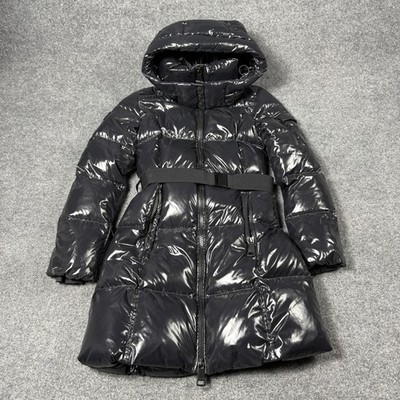 SAM. Down Puffer Coat Womens Medium Black Hooded Belted Quilted Mid Length