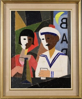 1940’s LARGE FRENCH CUBIST OIL ON CANVAS FIGURES DRINKING IN A BAR UNUSUAL