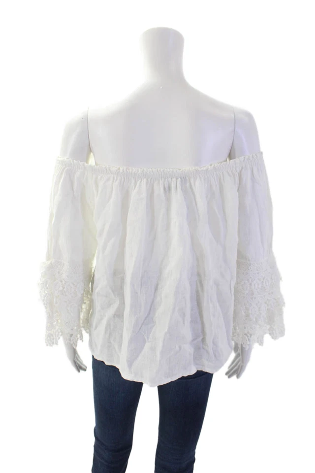 Blusa Saks Fifth Avenue Mujer Lino Floral Encaje Fuera del Hombro Blanca Talla S Foto 3 de 4