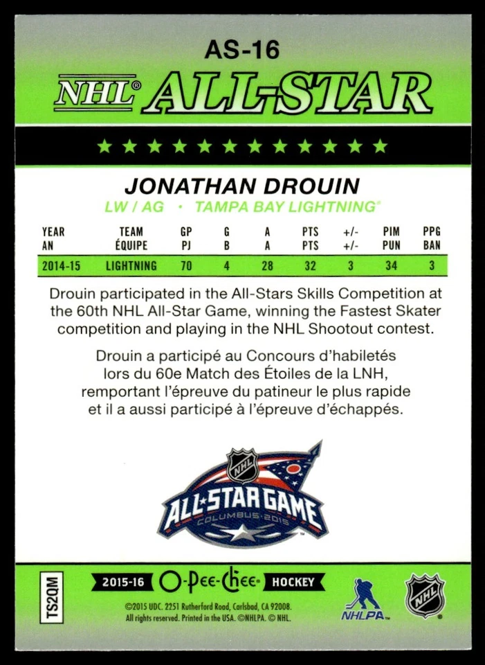 2015-16 O PEE CHEE NHL ALL STAR Jonathan Drouin Tampa Bay Lightning #AS-16 - Image 2 of 2