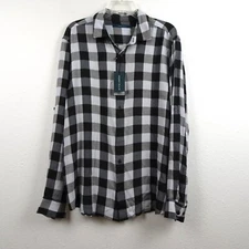 Perry Ellis Button Front Shirt Men's Size L Black White Buffalo Plaid Untucked