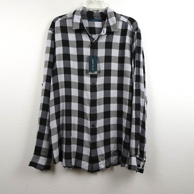 Perry Ellis Button Front Shirt Men's Size L Black White Buffalo Plaid Casual