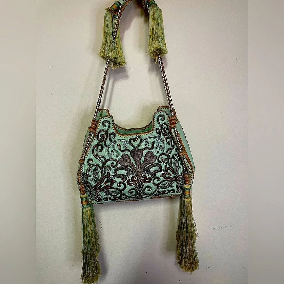 Buba, bag, Turquoise Spiral embroidered in sequins, made of handmade leather - Image 2 of 4
