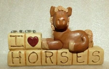 Suzi Skoglund Blossom Bucket I Love Horses Wall Block Figurine horse shoes EUC