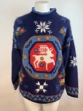 Womens's Rafaella Angora/Lambswool Navy, Reindeer Sweater - MP