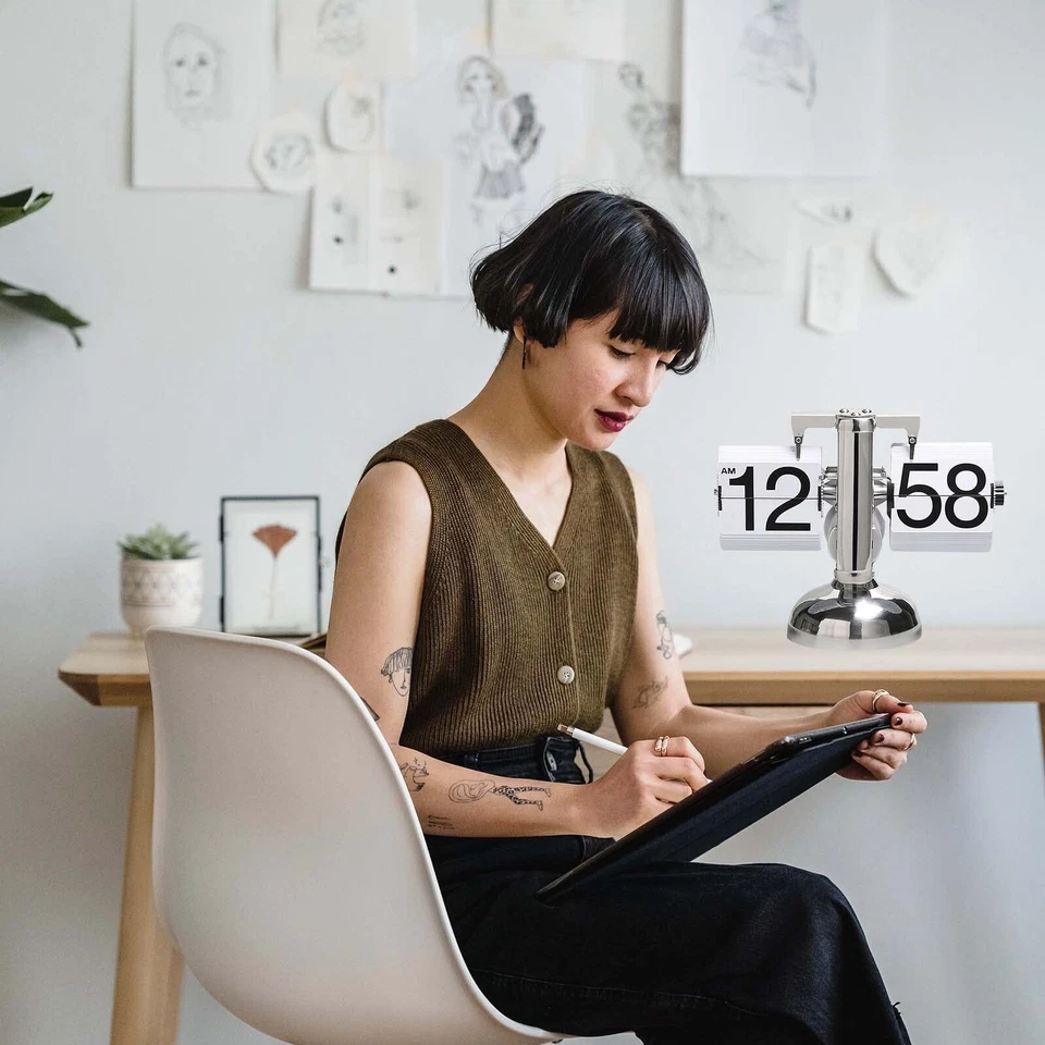 Reloj Abatible,Retro Abatible Reloj Mecánico Digital Abatible Escritorio Reloj Interno... Foto 2 de 4