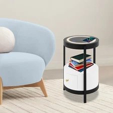 Round Side Table with Wireless Charging, Smart LED Nightstand w/ White Drawer