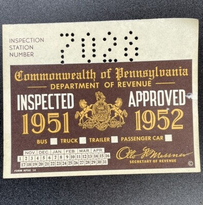 1951-1952 Pennsylvania Inspection Sticker Pa Vtg Car Truck UNISSUED Antique Ford