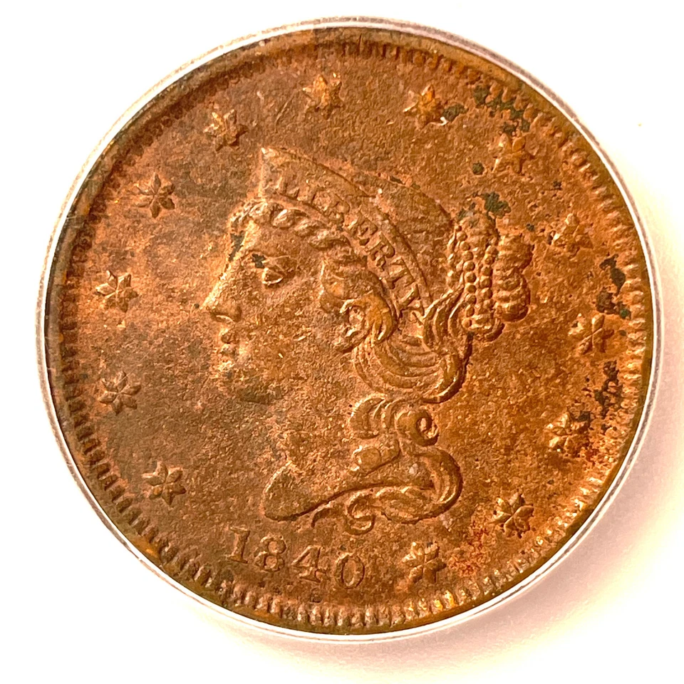 1840 Braided Hair Large Cent Almost Uncirculated ICG AU55 Coin, Details #6267 - Image 3 of 4
