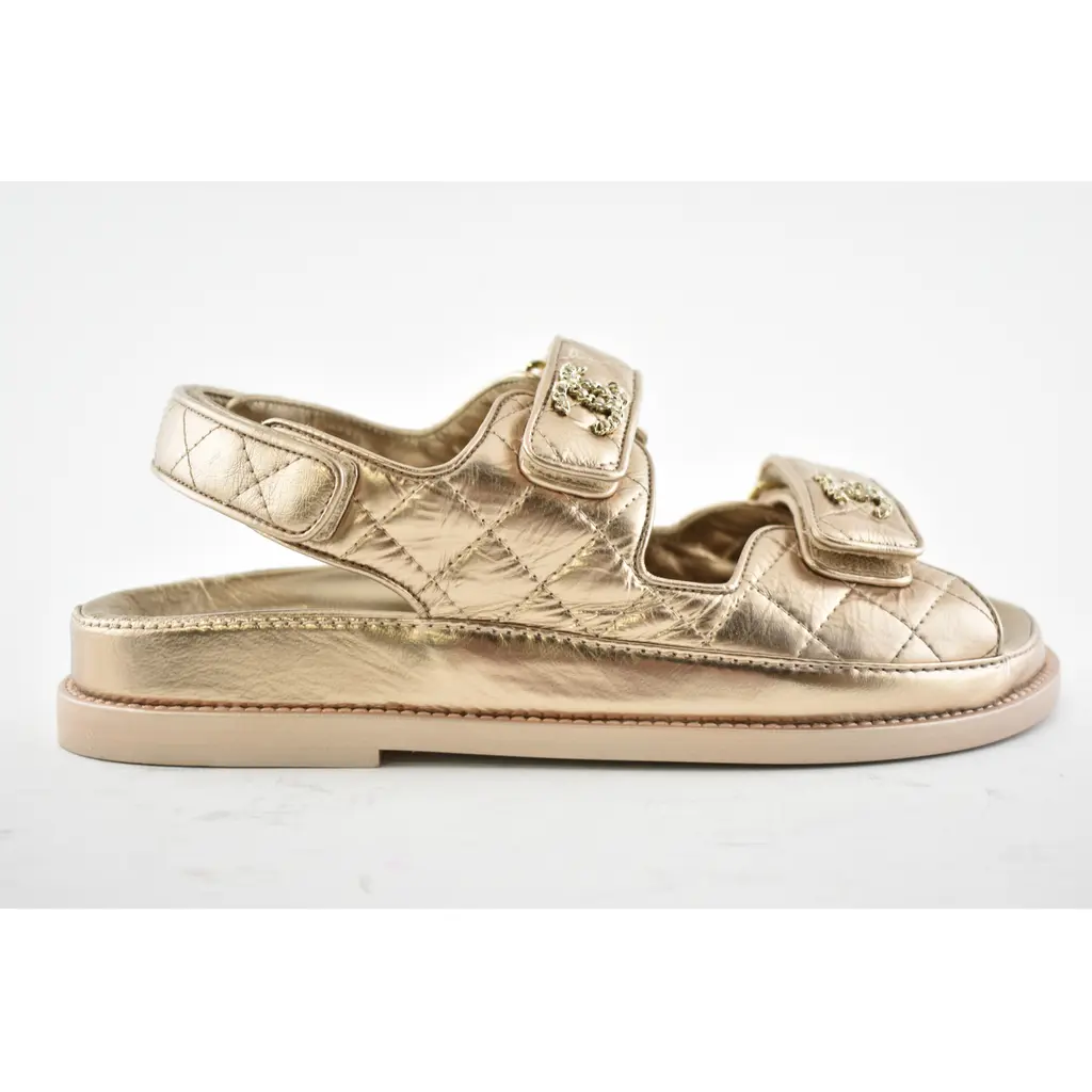 Chanel 21C Bronze Quilted Chain CC Logo Mule Slide Strap Flat Teva