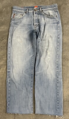 Men’s DISTRESSED Hugo Boss Designer Button Fly Blue Denim Jeans Size 32x28  - Main Image