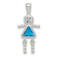 Sterling Silver Rhodium CZ and Birthstone Blue December Glass Girl Pendant