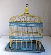 Antique Hendryx Blue & Yellow Metal Birdcage c. 1910