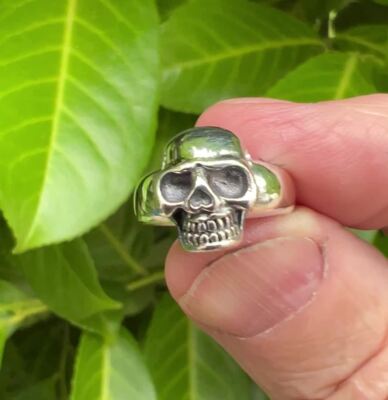 Ladies Mens Grinning Biker Sterling Silver Pinky Signet Skull Ring