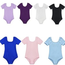 Girls Ballet Leotards Cotton Gymnastics Short Sleeve Stretchy Dance Bodysuit