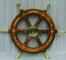 18"Wooden Ship Wheel Wall Vintage Brown Brass Nautical Collectible Decorative
