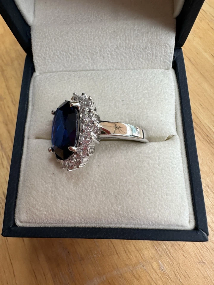 Принцесса Диана/Кейт реплика кольцо белый позолоченный синий сапфир CZ размер 8,25 - Изображение 3 из 4