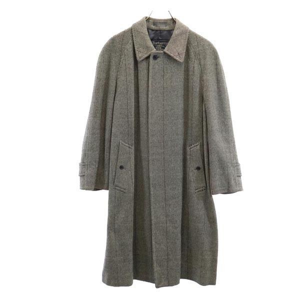 Burberry Cashmere Tweed Herringbone Balmacaan Coat Gray 1980s-90s