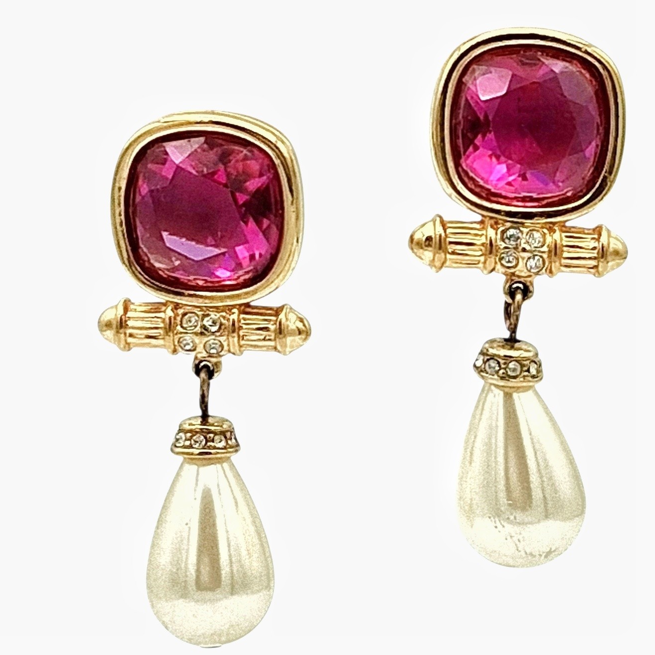 Swarovski Pink Rhinestone Faux Pearl Drop Earrings Gold Tone 1.5