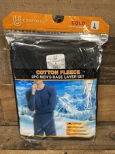 Men's Cotton Fleece Base Layer Pants Shirt Set 2pc Comfort-U Black Size L