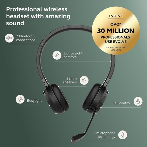 Jabra Evolve 65 TE Black Wireless Bluetooth Stereo On the Ear Headset 12 Hour B - Picture 8 of 8